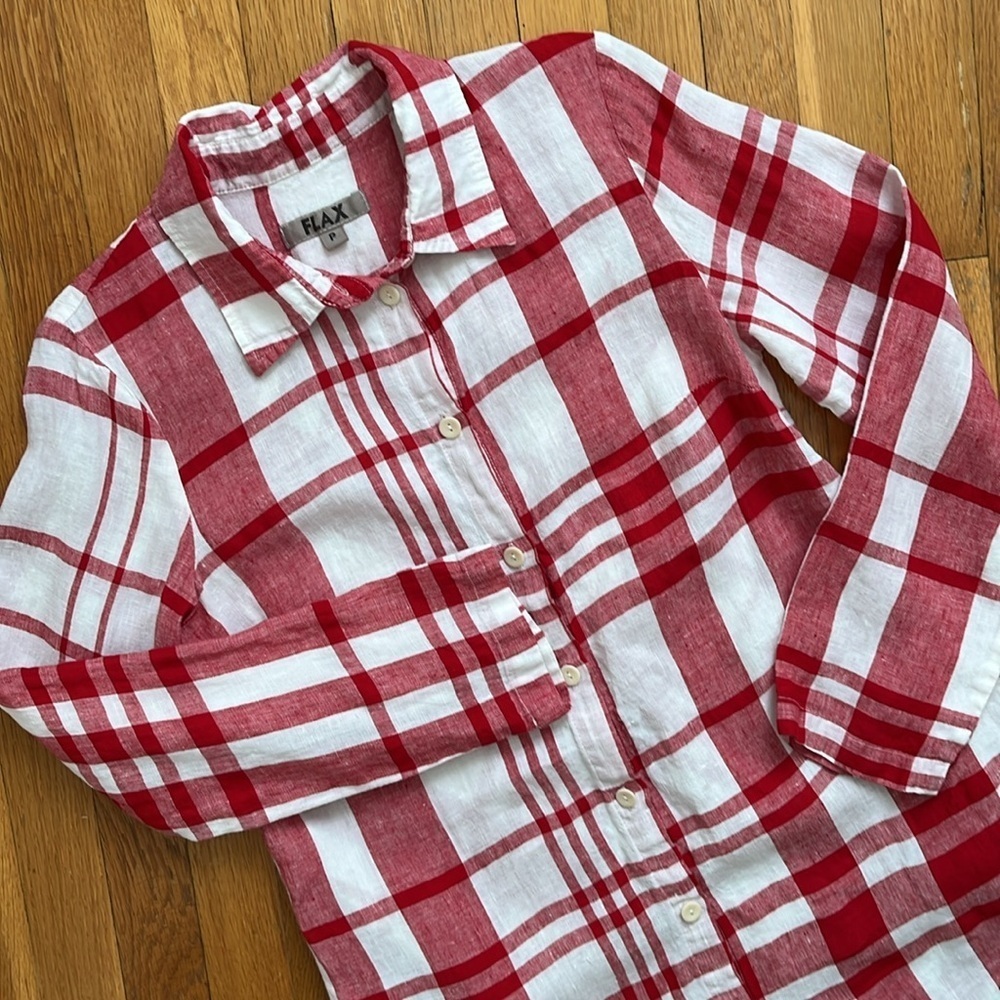 FLAX 100% Linen Red & White Checkered Shirtdress Full Button Front Dress Size P - Picture 11 of 12